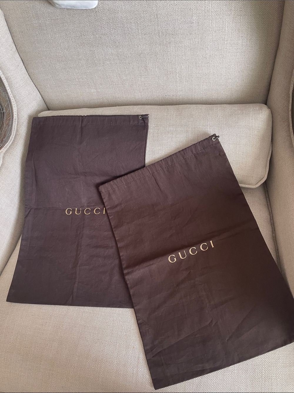 Two Gucci Brown Dust Bags with Gold Logo